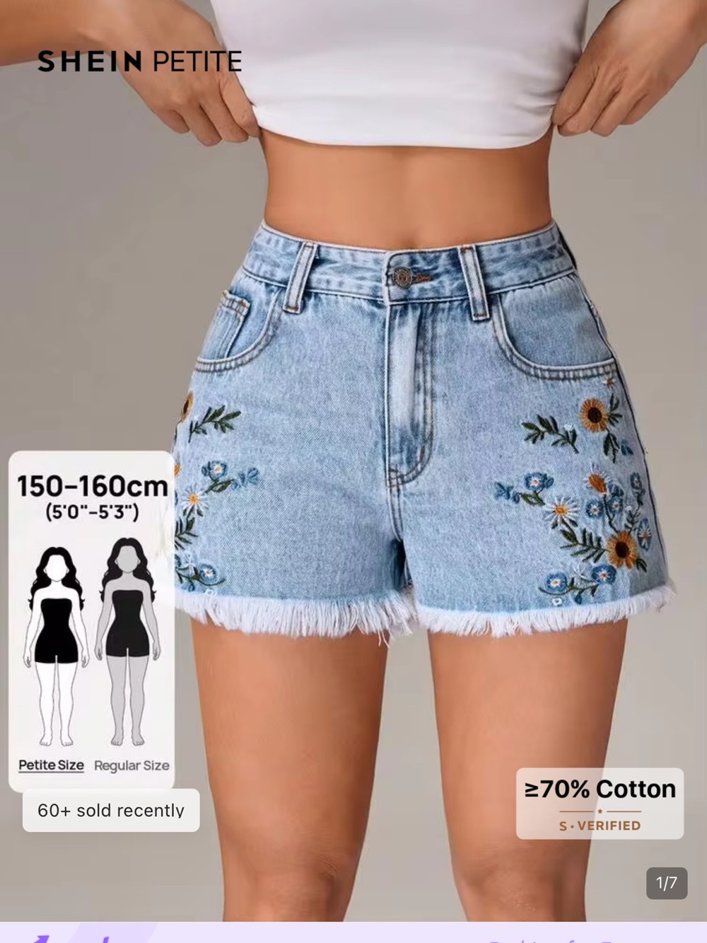 SHEIN Petite Light Blue Embroidered Denim Shorts